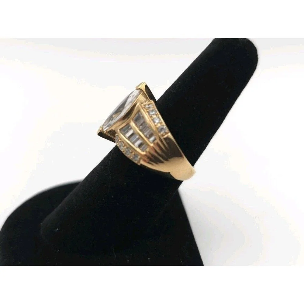 925 Gold CZ Marquis‎ & Baguette Ring Size 7 Sterling Silver Vermeil Vtg